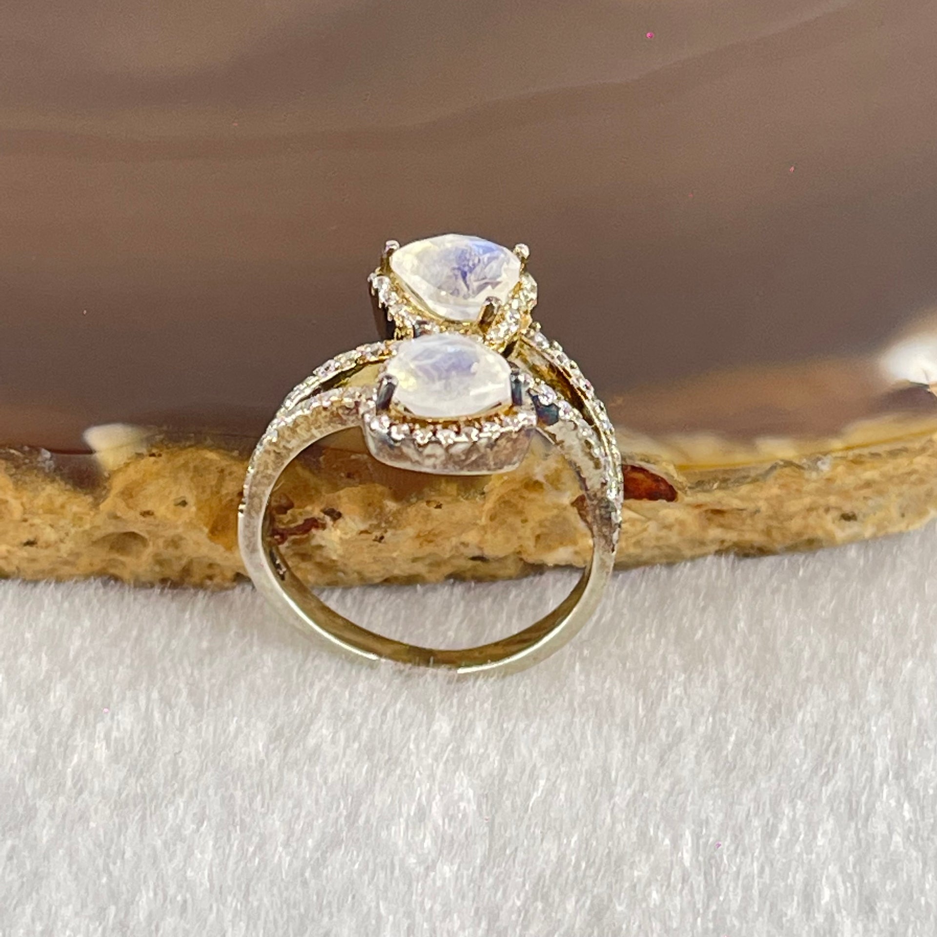 Natural Rainbow Moonstone with Crystals In S925 Sliver Ring (Adjustable Size) 3.10g 6.0 by 5.5 by 3.2mm - Huangs Jadeite and Jewelry Pte Ltd