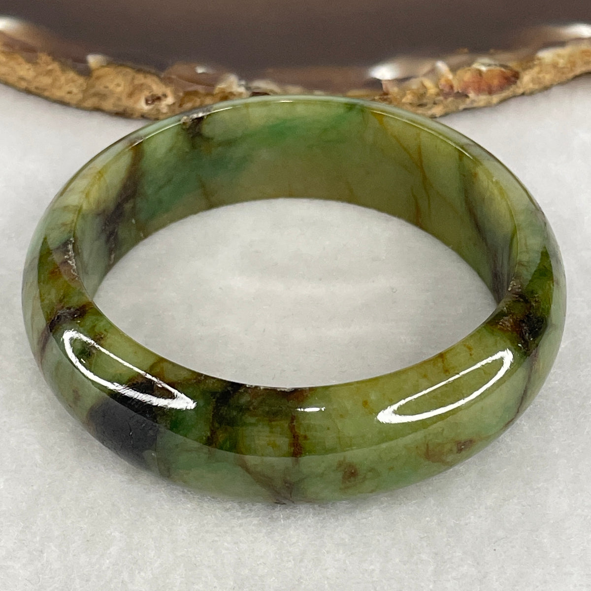 Natural Type A Jadeite Bangle | Brownish Green & Brown Piao Hua (62.87g | 53.2mm Inner Diameter | 17.4 x 8.2mm) (External Rough, Internal Line)