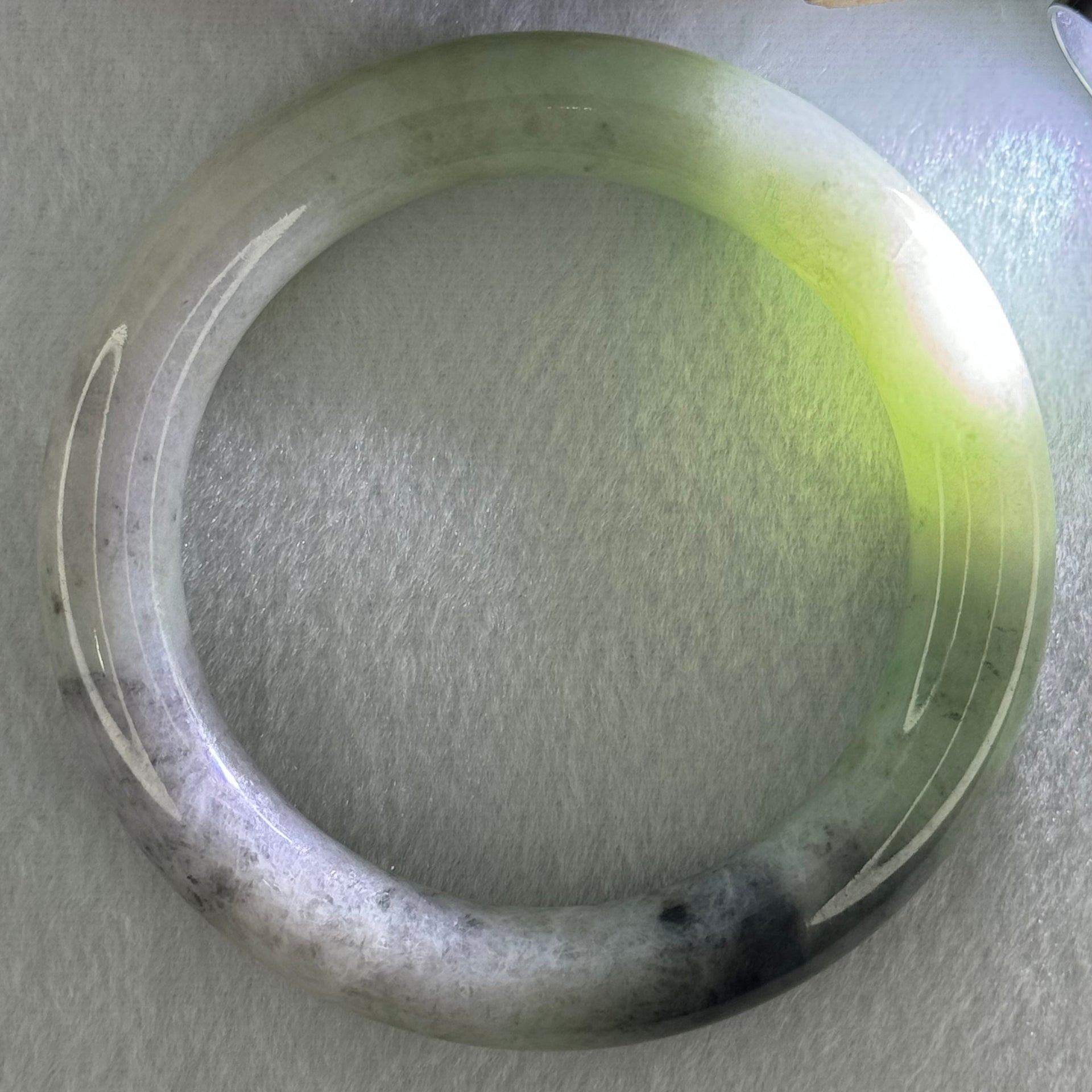 Type A Green Lavender with Grey Wuji Patches Jadeite Bangle Internal Diameter 59.7mm 90.66g 13.5 by 11.6mm (Slight Internal Lines) - Huangs Jadeite and Jewelry Pte Ltd