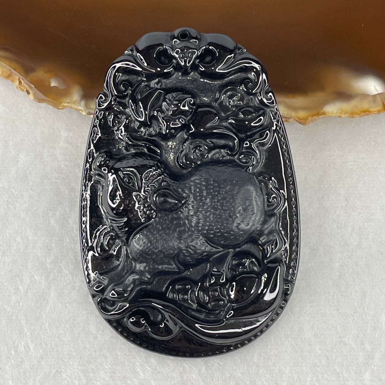 Certified Type A Opaque Black Omphacite Jadeite Pig with Bat & Coins Pendant | Abundance, Swift Fortune & Pig Zodiac Protection Talisman (25.01g | 59.4 x 40.2 x 7.8mm)