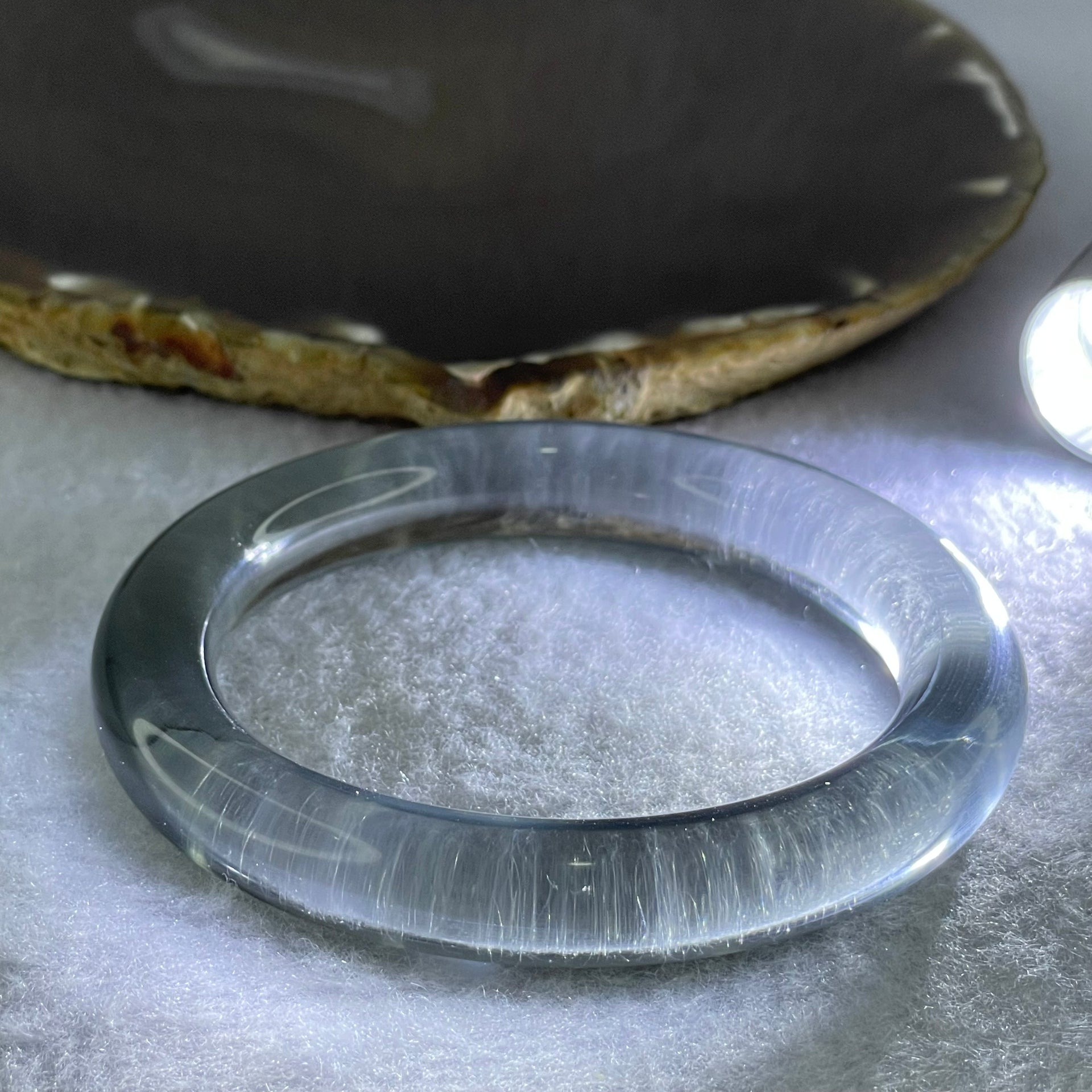 Translucent Clear Grey Crystal Bangle Internal Diameter 59.2mm 60.95g 11.9 by 11.2mm (Internal Line) - Huangs Jadeite and Jewelry Pte Ltd