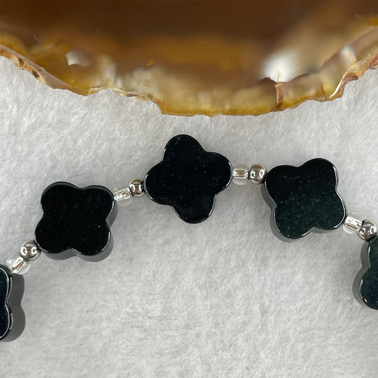 Certified Natural Type A Opaque Black Omphacite Jadeite Four Leaf Clover Bracelet 16.004g 18cm 12.3 by 3.6mm 13 Pieces