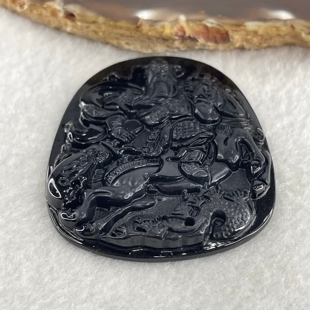 Certified Natural Type A Black Omphacite Jadeite Guan Gong on Champion Stallion Pendant 22.80g 60.5 by 46.7 by 6.0mm