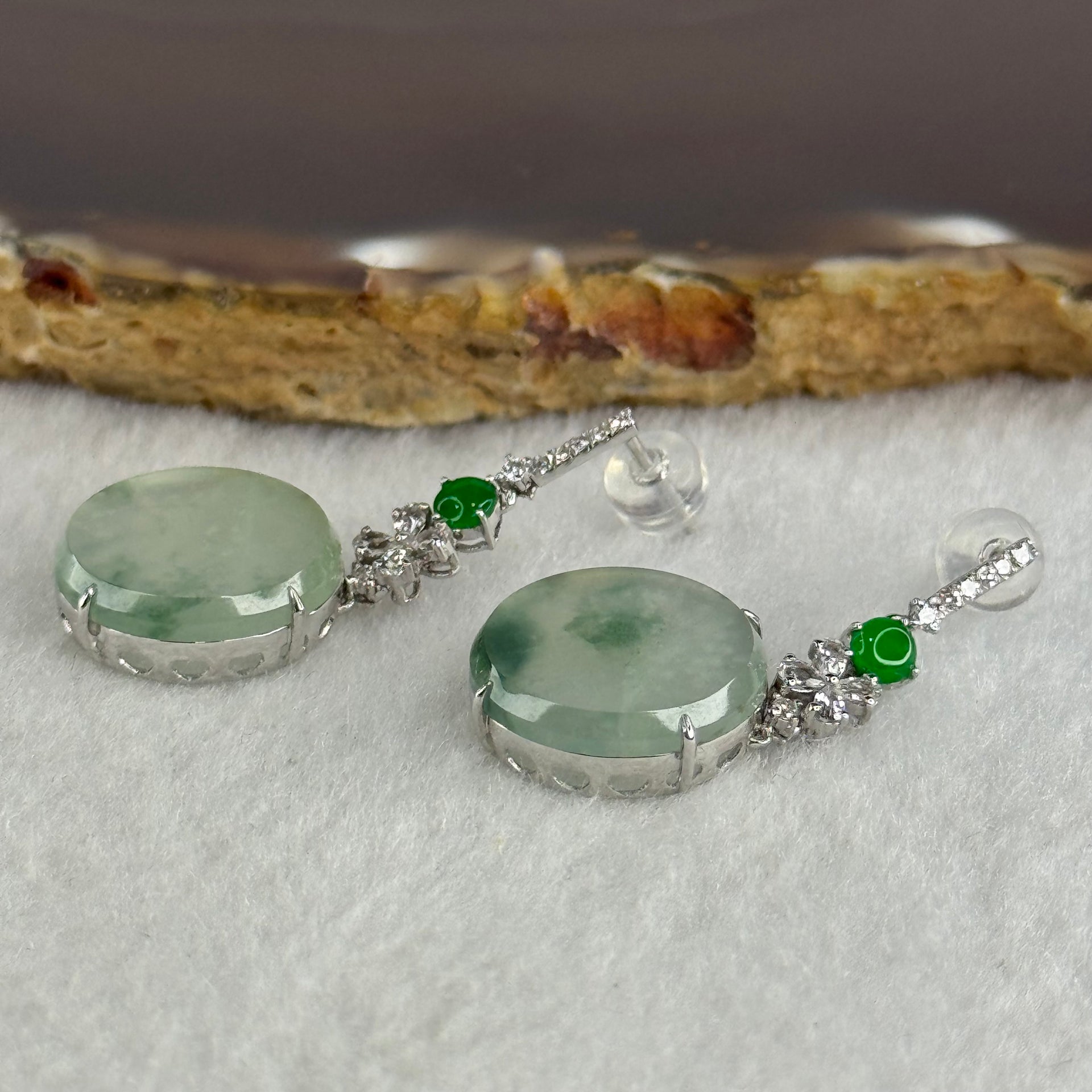 Type A Icy Faint Green with Blueish Green Piao Hua Jade Jadeite Earrings 18k White gold, diamonds and white sapphires 5.08g 33.6 by 14.8 by 5.2mm - Huangs Jadeite and Jewelry Pte Ltd