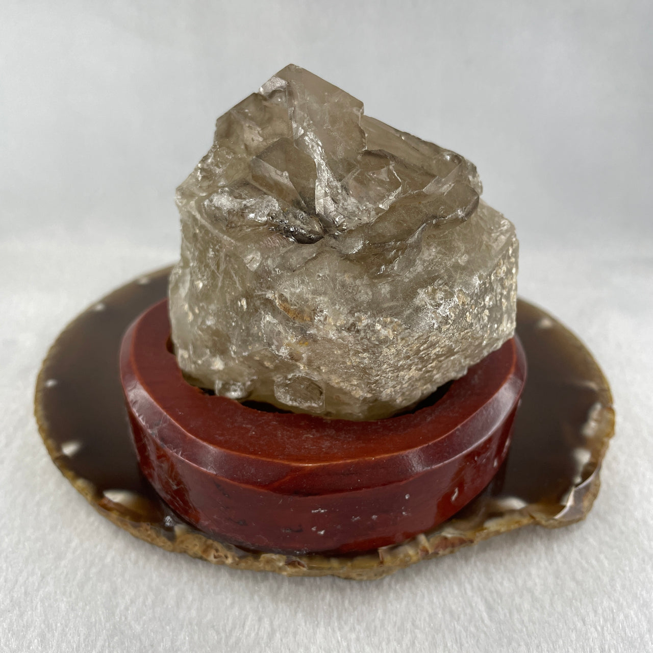 Natural Smoky Quartz Rough Irregular Shape Display in Wooden Stand 483.64g 99.3 by 83.1 by 91.0mm - Huangs Jadeite and Jewelry Pte Ltd