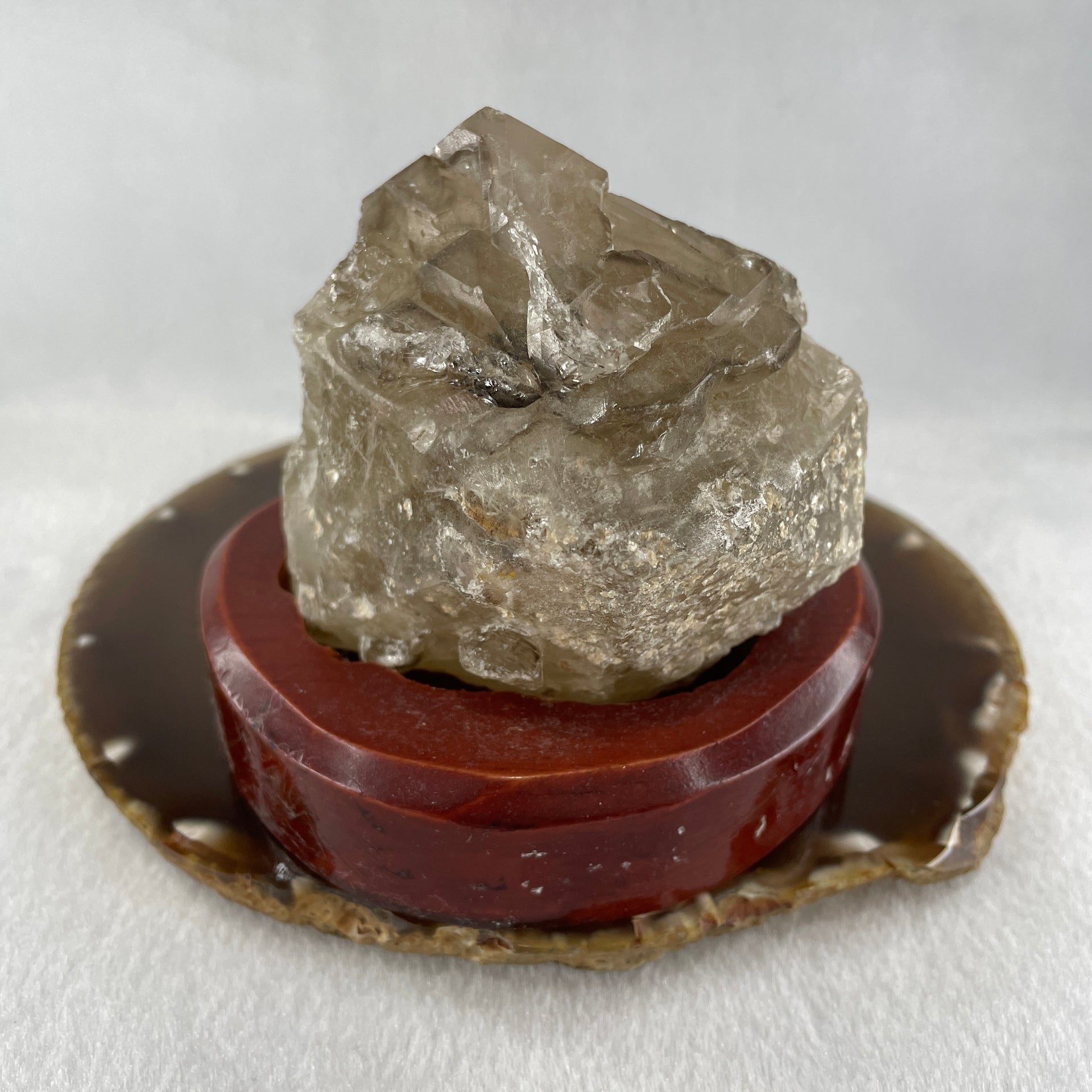 Natural Smoky Quartz Rough Irregular Shape Display in Wooden Stand 483.64g 99.3 by 83.1 by 91.0mm - Huangs Jadeite and Jewelry Pte Ltd