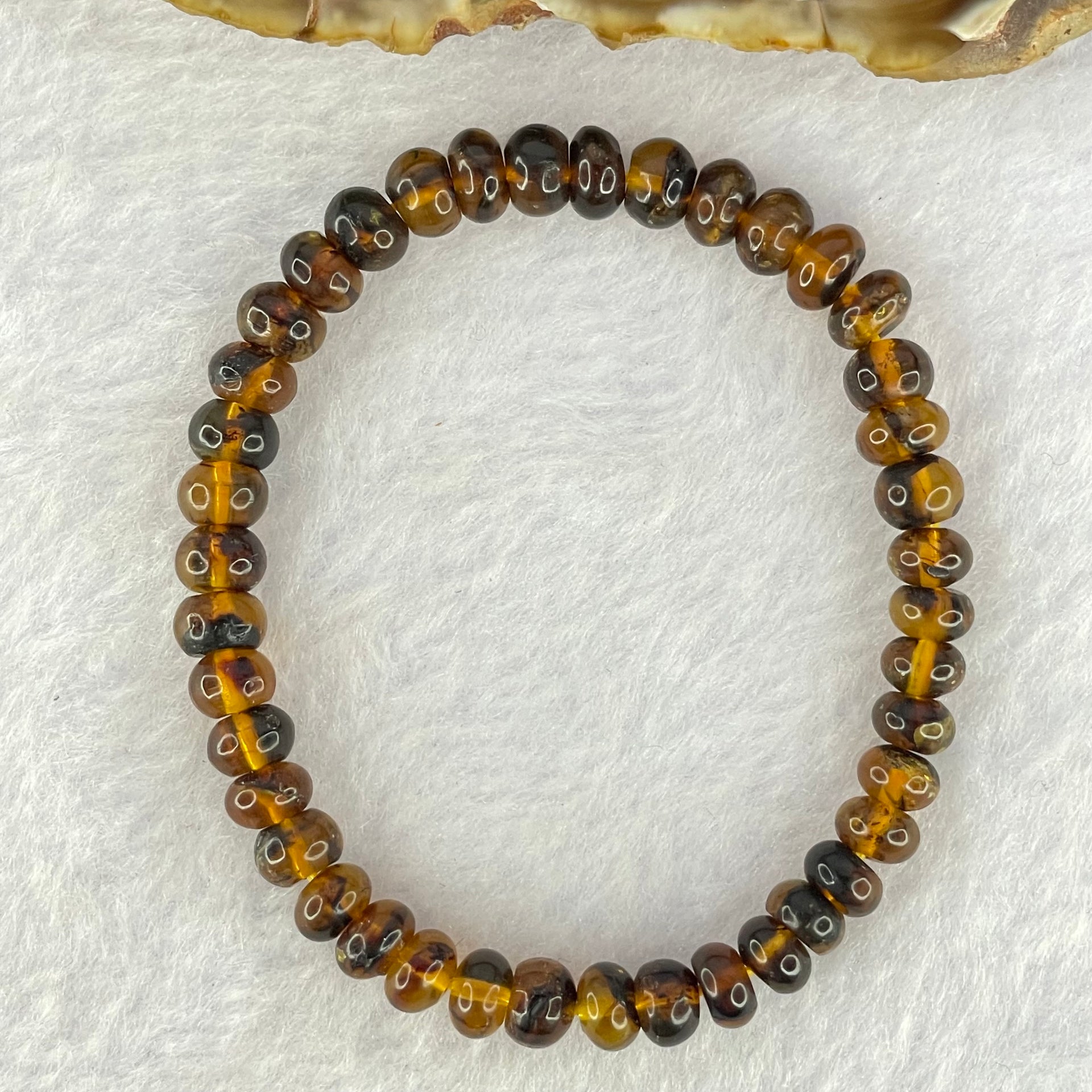 Natural Dark Brownish Yellow Medicine Amber Beads Bracelet 天然抚顺药珀手链 4.37g 15.5cm 6.9mm 41 Beads - Huangs Jadeite and Jewelry Pte Ltd