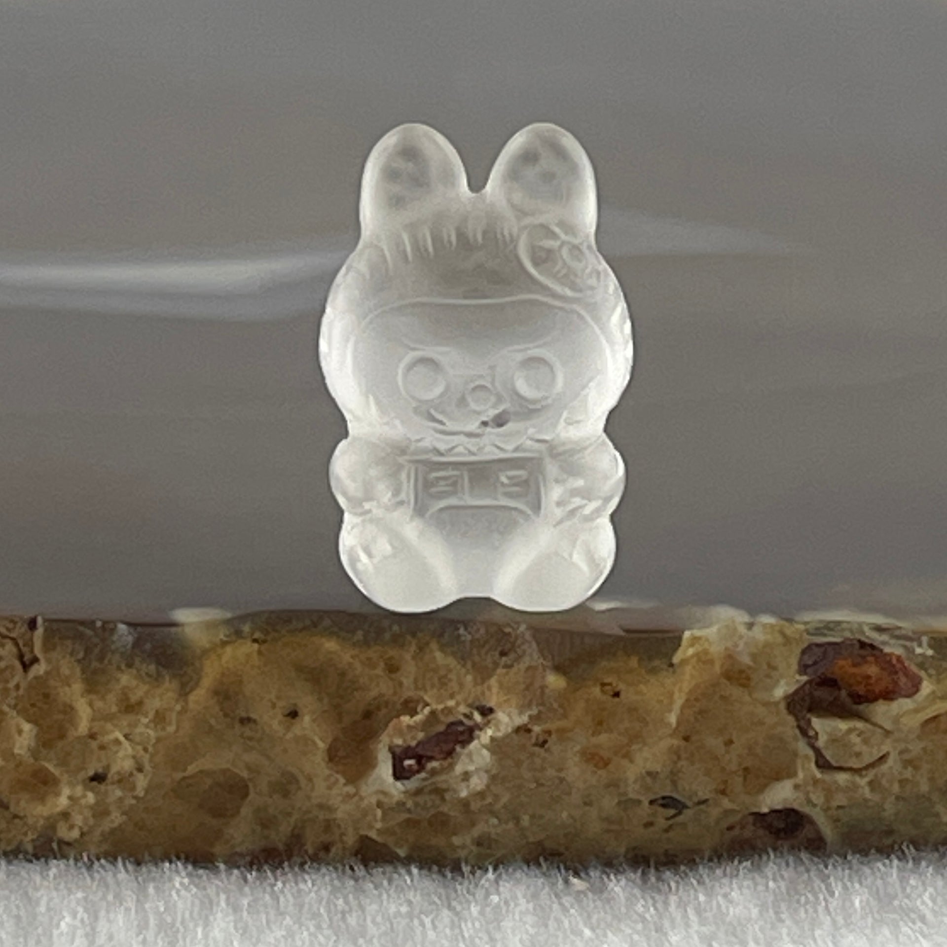 Natural Matt Clear Quartz Labubu Charm Display 3.15g 8.8 by 12.3 by 10.1mm - Huangs Jadeite and Jewelry Pte Ltd