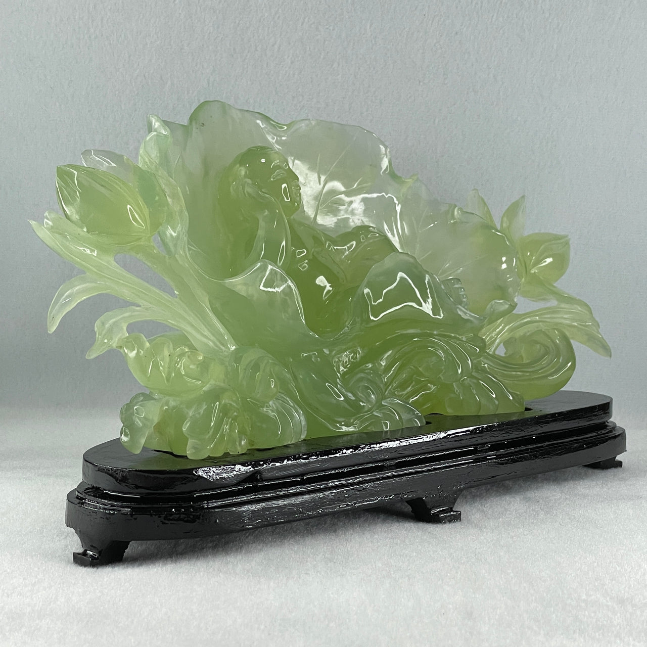 Natural Semi Icy Green Serpentine Tong Zhi on Lotus Leaf and Lotus Flower with Wooden Stand Display 1,458.5g L270.0 by B96.0 by H158.0mm