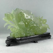 Natural Semi Icy Green Serpentine Tong Zhi on Lotus Leaf and Lotus Flower with Wooden Stand Display 1,458.5g L270.0 by B96.0 by H158.0mm - Huangs Jadeite and Jewelry Pte Ltd