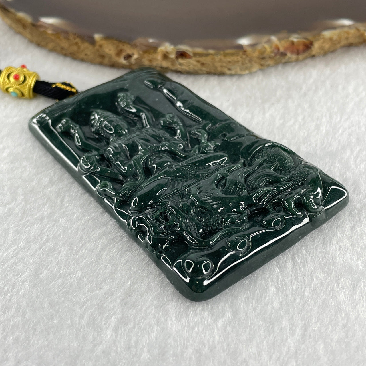 Natural Type A Opaque Dark Blueish Green Jadeite Thousand Hand Guan Yin with Dragon and Disciple Pendant 71.25g 75.0 by 48.4 by 7.8mm