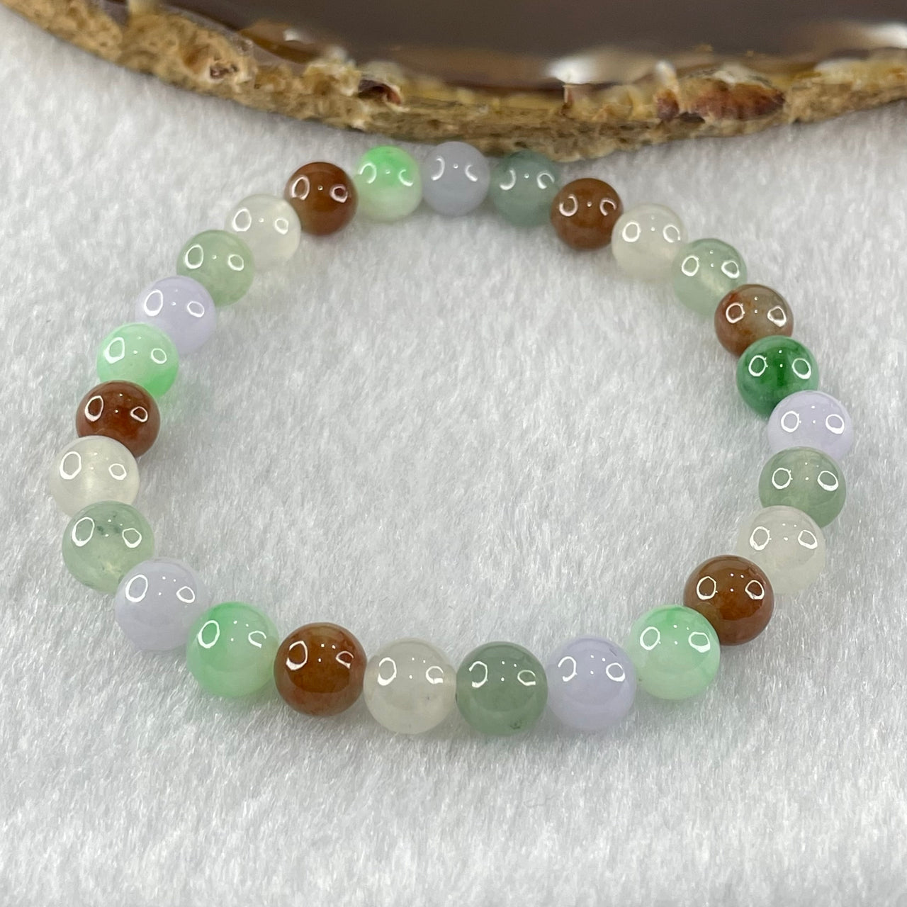 Type A Muti Color Light Green Light Lavender and Brown Jadeite Beads Bracelet 15.36g 15.5cm 7.0mm 27 Beads - Huangs Jadeite and Jewelry Pte Ltd