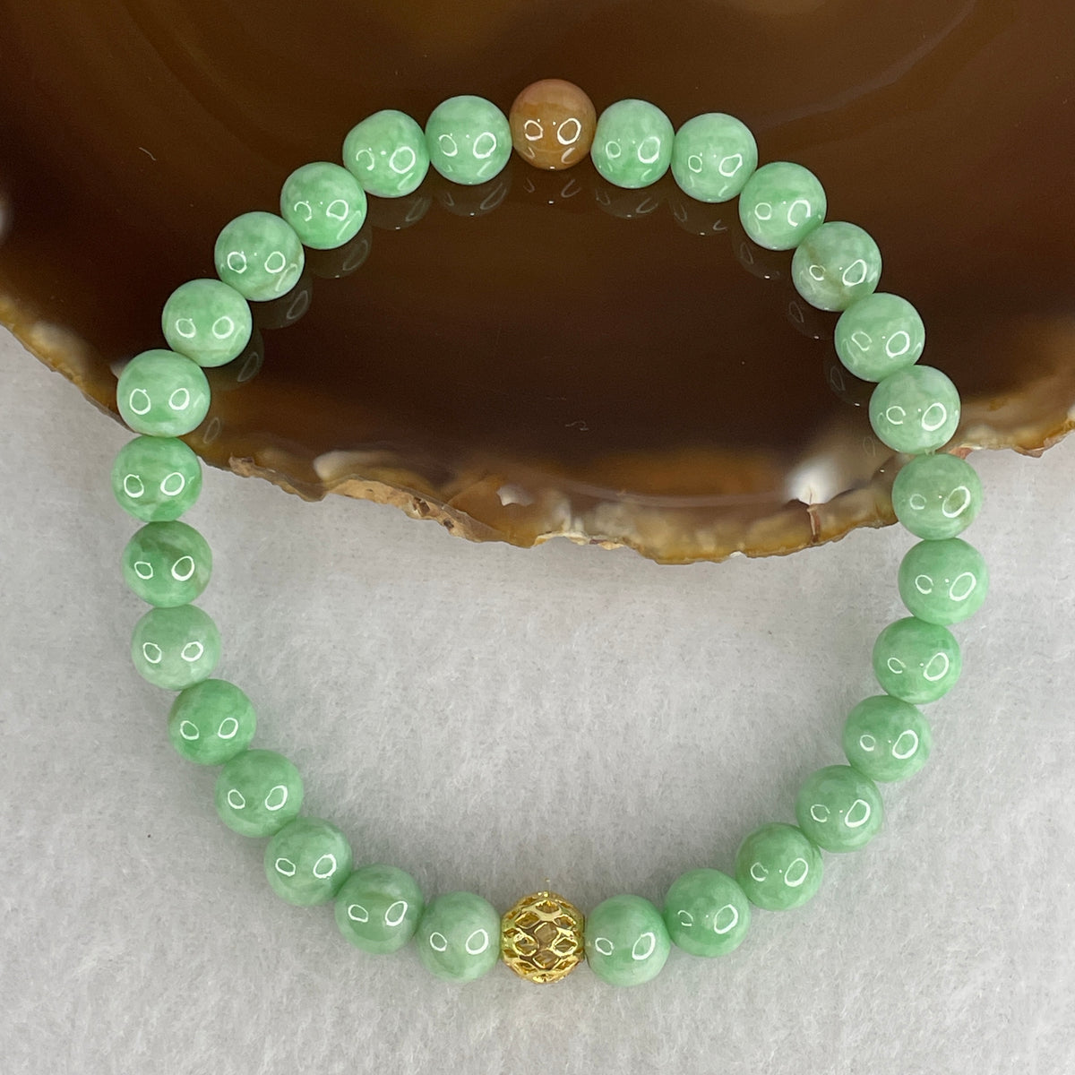 Natural Type A Green with Yellow Jadeite Beads Bracelet | 19cm Strand of 29 Matched 7.7mm Beads (21.70g | Saturated Emerald & Golden Honey | Huang Jiao Cui Wealth & Vitality)
