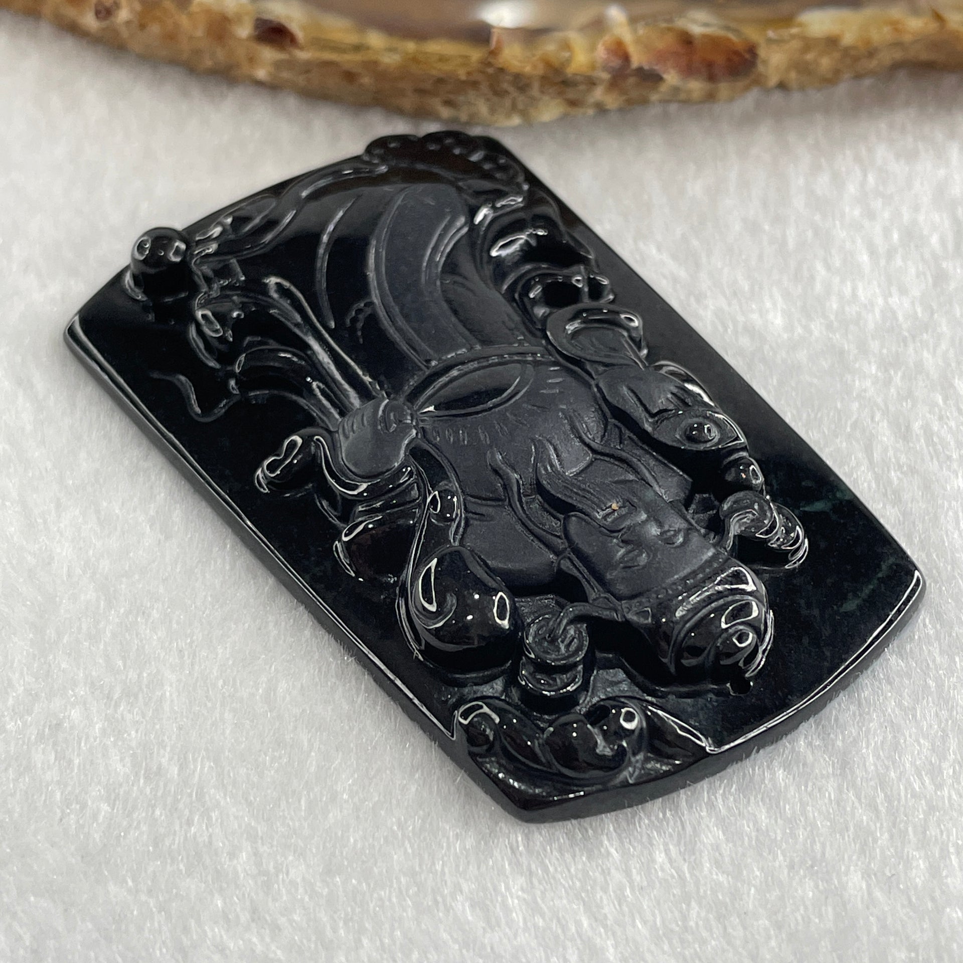 Type A Opaque to Partial Translucent Black Omphacite Jadeite Cai Shen Ye God of Fortune Pendant 26.80g 62.8 by 40.0 by 7.5mm - Huangs Jadeite and Jewelry Pte Ltd