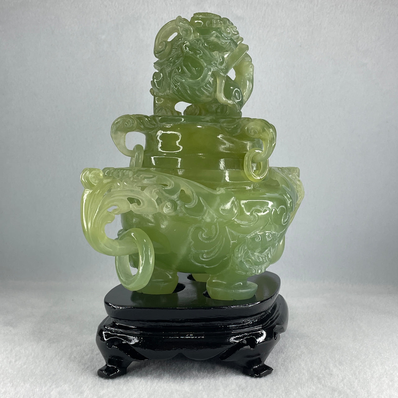 Natural Jelly Light Green Serpentine Pixiu Incense Burner with Wooden Stand Display 1,364.0 by 178.0 by 110.0 by 205.0mm