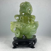 Natural Jelly Light Green Serpentine Pixiu Incense Burner with Wooden Stand Display 1,364.0 by 178.0 by 110.0 by 205.0mm - Huangs Jadeite and Jewelry Pte Ltd