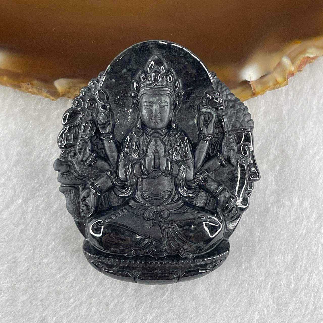 Natural Type A Opaque Black Jadeite Good Vs Evil Thousand Hand Guan Yin Pendant Rat Zodiac Guardian 48.20g 50.8 by 43.9 by 12.8mm