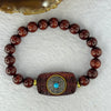 Natural Blood Zitan Beads with Rotating Turquoise Om Mani Padme Hum Powerful Mantra Bracelet 天然血檀木旋转唵嘛呢叭咪吽手链 10.50g 15cm 8.3mm 18 Beads / 30.1 by 17.5 by 7.5mm - Huangs Jadeite and Jewelry Pte Ltd