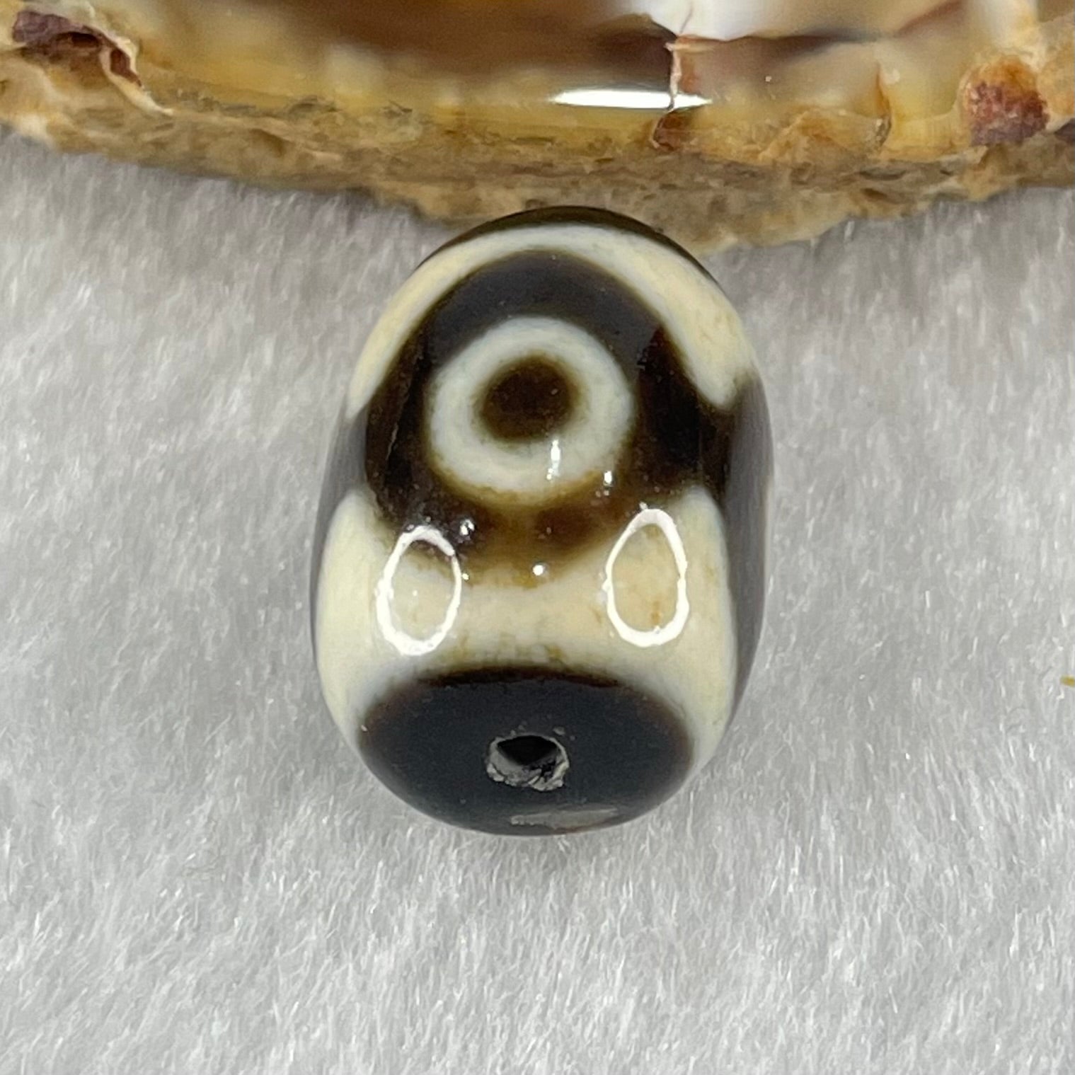 Natural Powerful Tibetan Old Oily Dark Brown With White Agate 3 Eyes Dzi Bead Heavenly Master (Tian Zhu) 三眼天诛 4.44g 17.5 by 12.5mm - Huangs Jadeite and Jewelry Pte Ltd