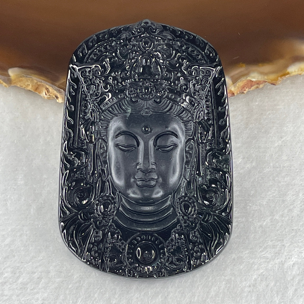 Protection, Peace and Compassion - Certified Natural Type A Black Omphacite Jadeite Guan Yin Face Pendant 27.04g 59.4 by 40.0 by 9.0mm