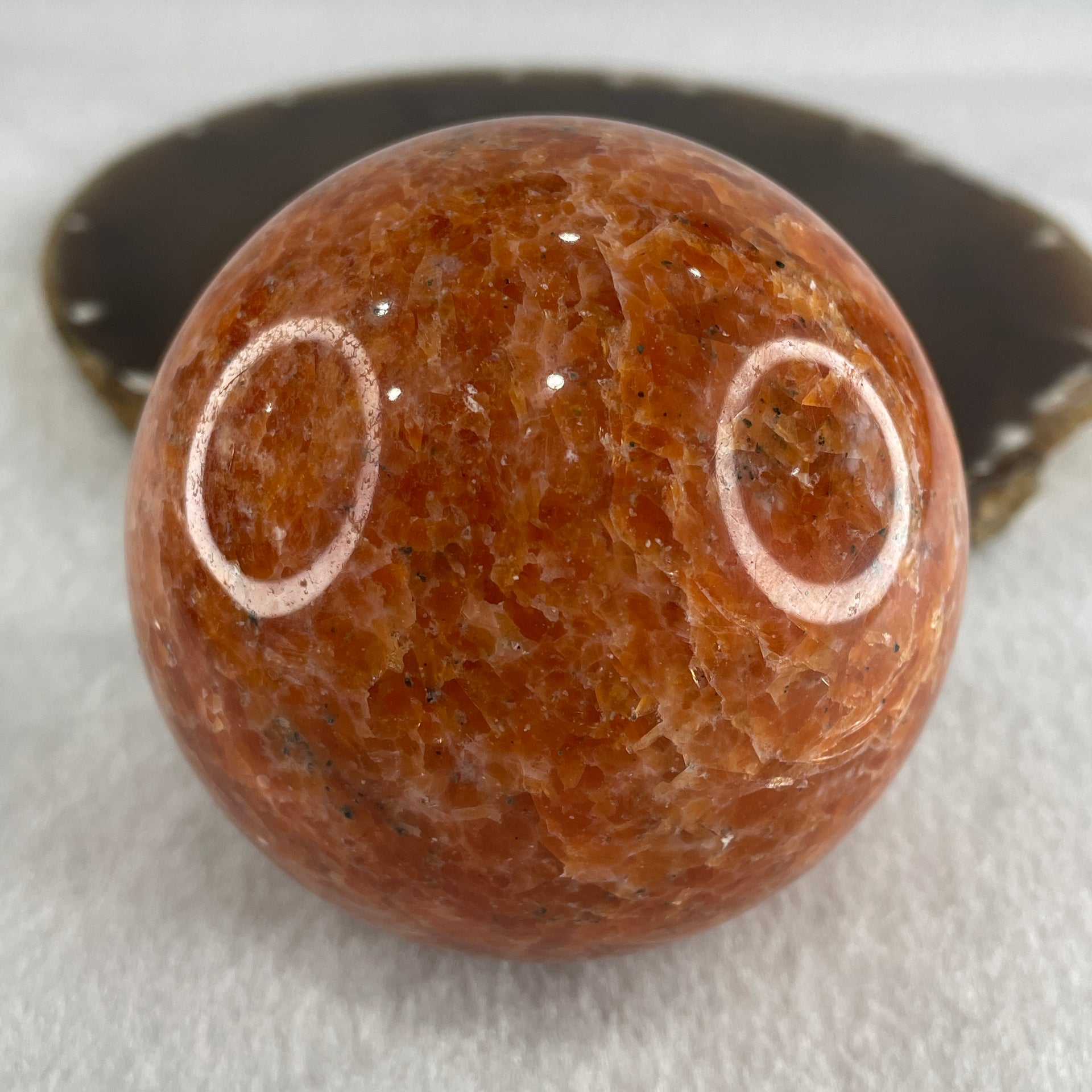 Natural Orange Calcite Ball with Clear Acrylic Display 545.43g 72.0 by 91.0mm - Huangs Jadeite and Jewelry Pte Ltd