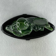 Natural Dark Green Serpentine Siting Milo Buddha with Waving Fan with Wooden Stand Display 765.0g 180.0 by 90.0 by 115.0mm - Huangs Jadeite and Jewelry Pte Ltd