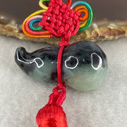Natural Type A Wuji Black with Green Jadeite Hulu Charm Display | Gourd Health, Wealth Accumulation & Protection Talisman (16.64g | 32.7 x 17.6mm) - Huangs Jadeite and Jewelry Pte Ltd