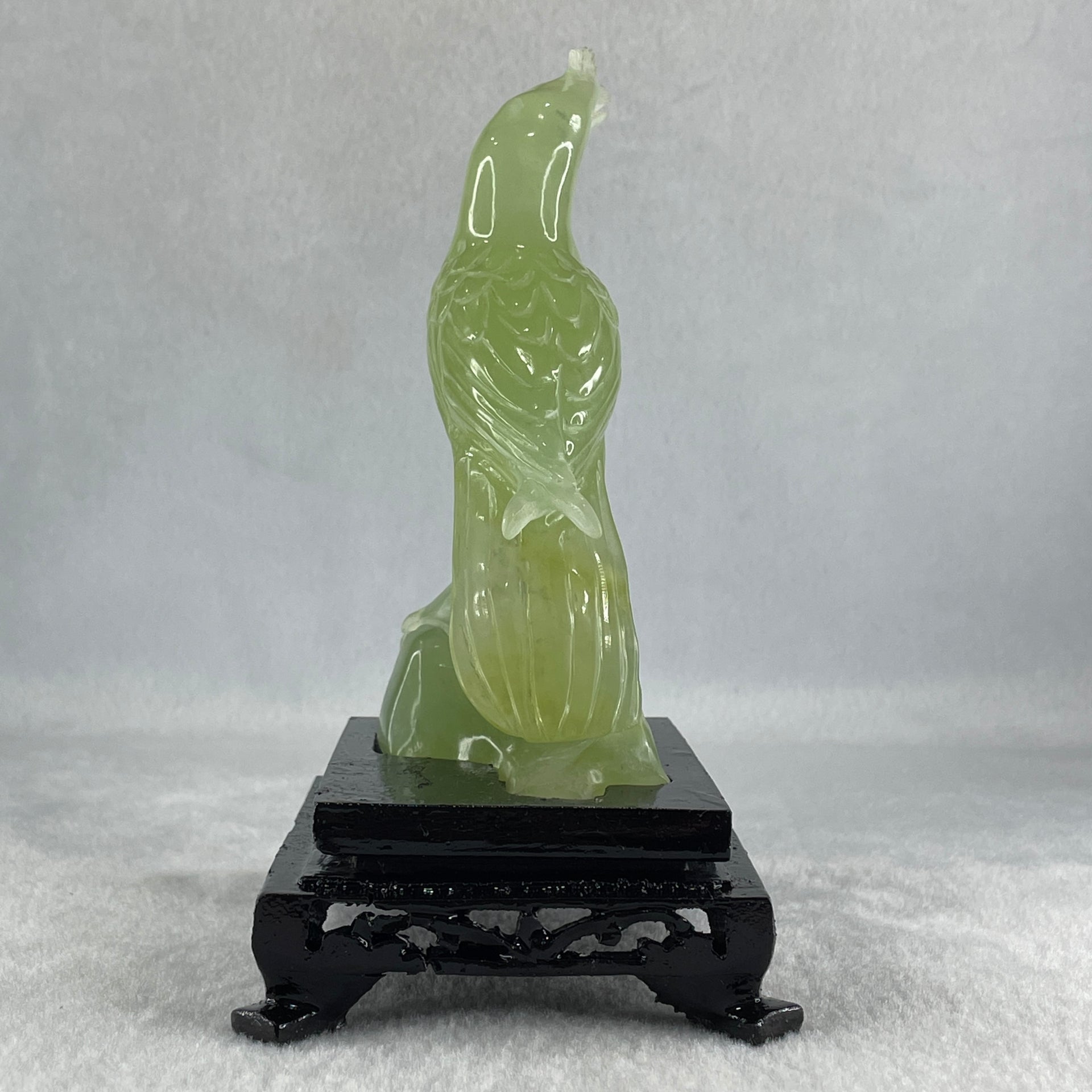 Natural Green Serpentine Javan Mynah Birds on Tree with Wooden Stand Display 291.4g 99.0 by 153.8 by 78.0mm - Huangs Jadeite and Jewelry Pte Ltd