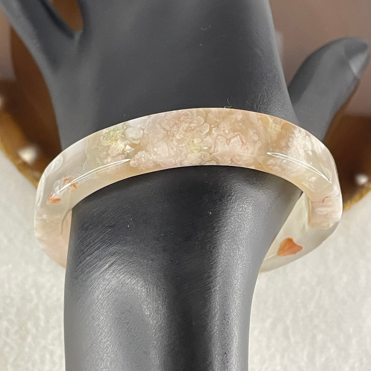 Natural Pink Flower Agate Set Oval Bangle 77.72g Inner Diameter 56.4mm 10.2 by 6.8mm (Perfect) - Huangs Jadeite and Jewelry Pte Ltd