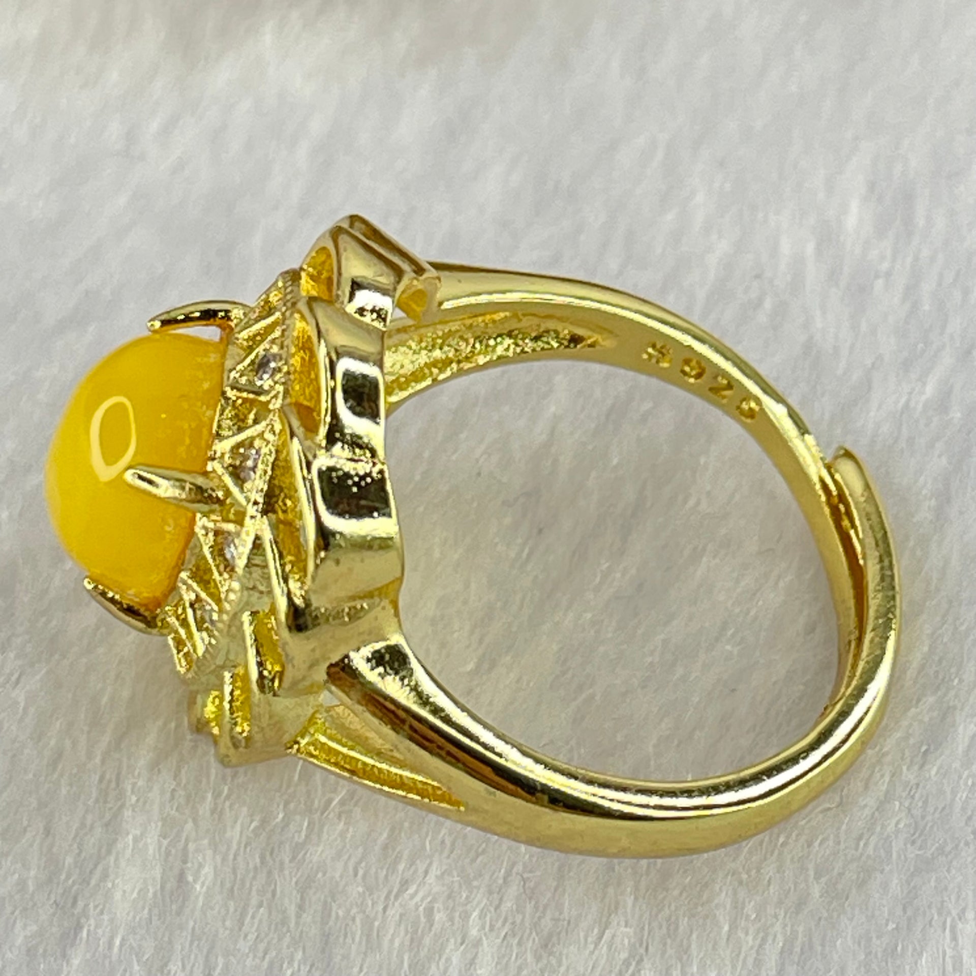 Natural Butterscotch Amber With Crystals in S925 Sliver Gold Color Ring (Adjustable Size) 3.68g 9.6 by 7.2 by 6.0mm - Huangs Jadeite and Jewelry Pte Ltd