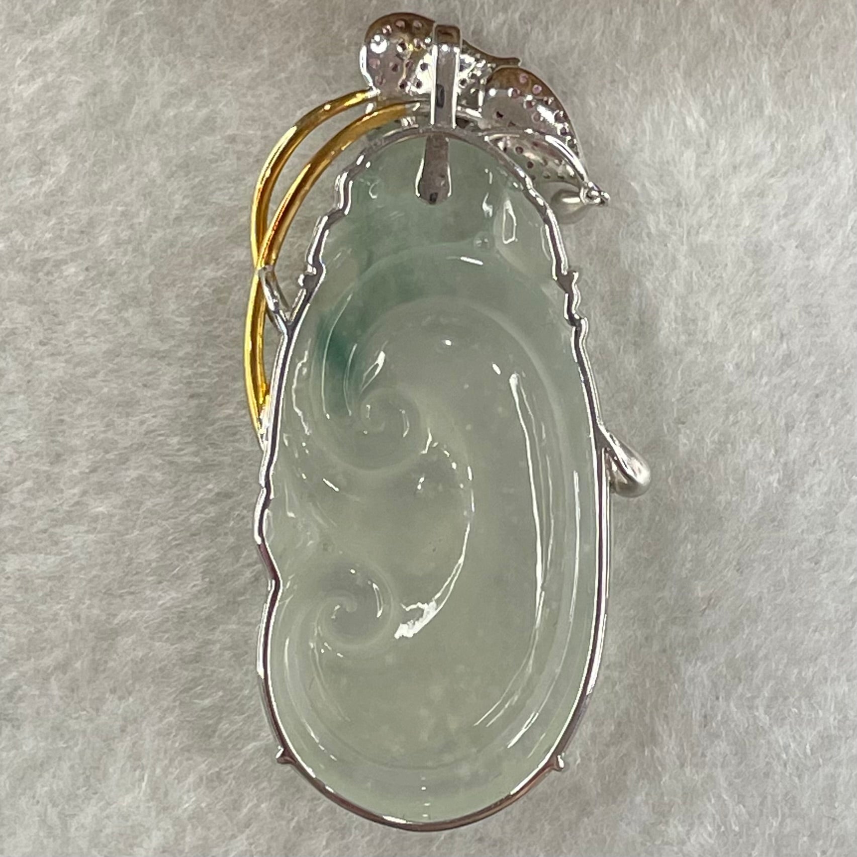 Type A Icy Colourless Jadeite Dragon on Ruyi with Diamonds and Rubilite in 18K White and Yellow Gold 11.22g 42.0 by 21.9 by 3.5mm - Huangs Jadeite and Jewelry Pte Ltd