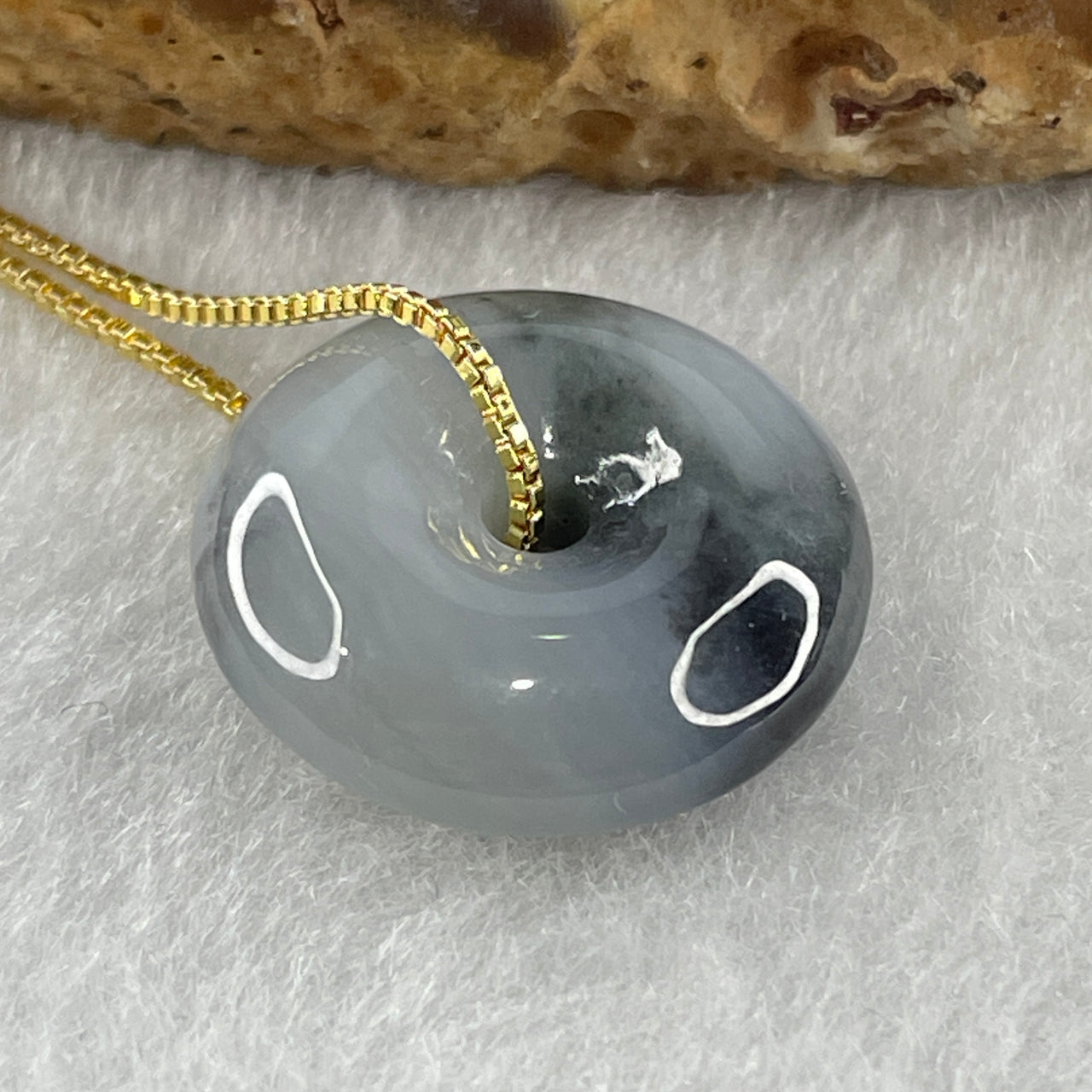 Natural Type A Wuji Grey Jadeite Ping An Kou Donut Pendant in Gold Color Stainless Steel Signifying Protection Blessings 6.19g 18.5 by 6.4mm - Huangs Jadeite and Jewelry Pte Ltd