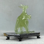 Natural Green Serpentine Kangaroo with Wooden Stand Display 172.6g 100.8 by 63.0 by 115.0mm - Huangs Jadeite and Jewelry Pte Ltd
