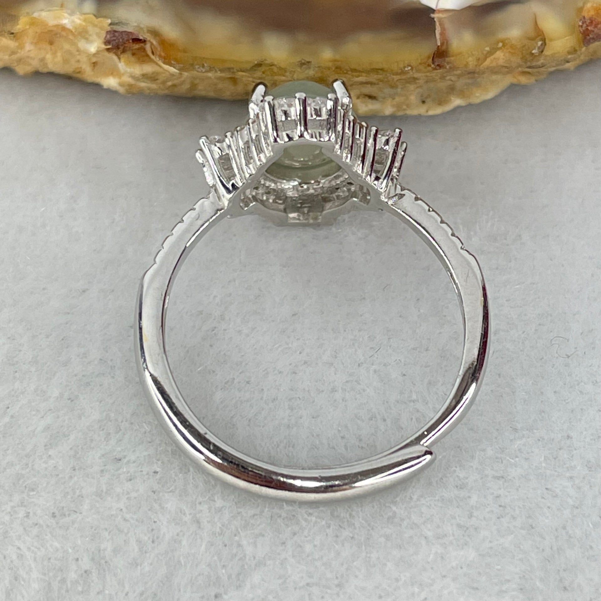 Type A Icy Light Sky Blue Jadeite Cabochon with Crystals in S925 Sliver Ring 2.55g 8.6 by 6.9 by 4.0mm - Huangs Jadeite and Jewelry Pte Ltd