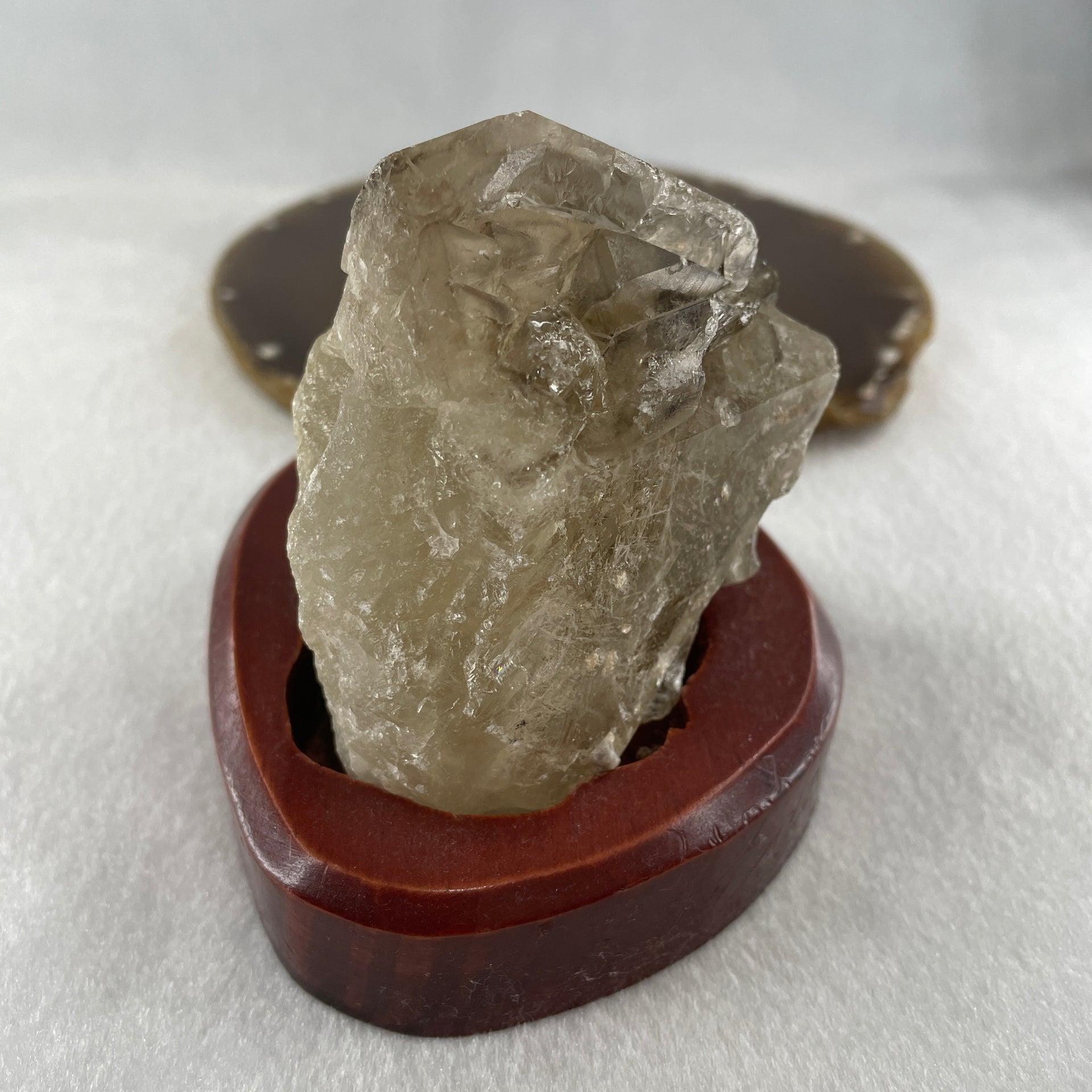 Natural Smoky Quartz Rough Irregular Shape Display in Wooden Stand 483.64g 99.3 by 83.1 by 91.0mm - Huangs Jadeite and Jewelry Pte Ltd