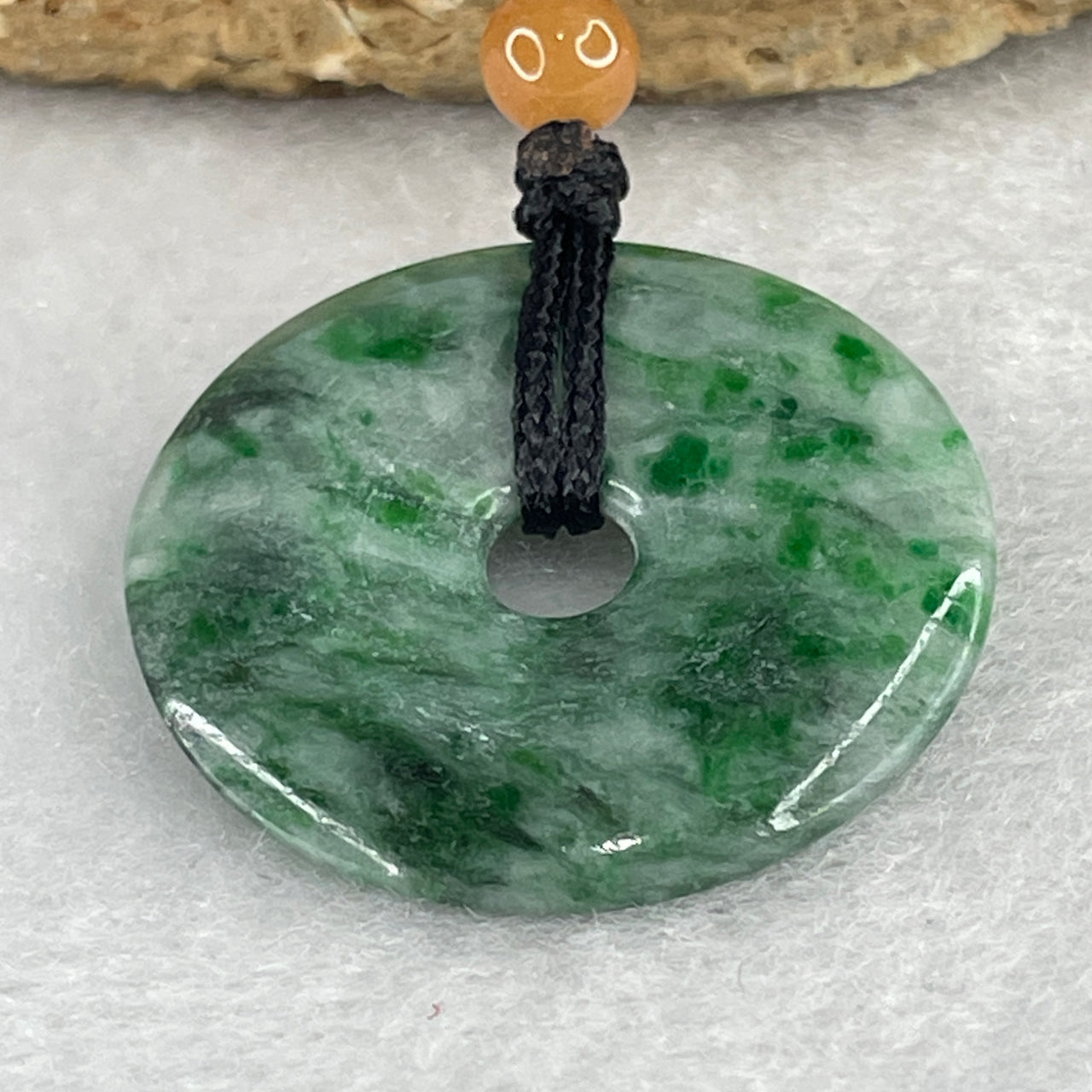 Natural Green Type A Piao Hua Jadeite Necklace – 28mm Ping An Kou Donut – Emerald & Dark Green Floating Flowers 7.45g 28.2 by 3.9mm