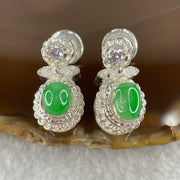 Type A Natural Apple Green Jadeite Cabochon 8.1 by 6.2 by 3.0mm Stone for Setting 20.60g (On Silver Earring Mold) - Huangs Jadeite and Jewelry Pte Ltd