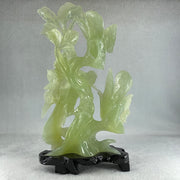 Natural Green Serpentine 3 Magpie Birds on Tree with Wooden Stand Display 939.0g 147.0 by 272.0 by 92.0mm - Huangs Jadeite and Jewelry Pte Ltd