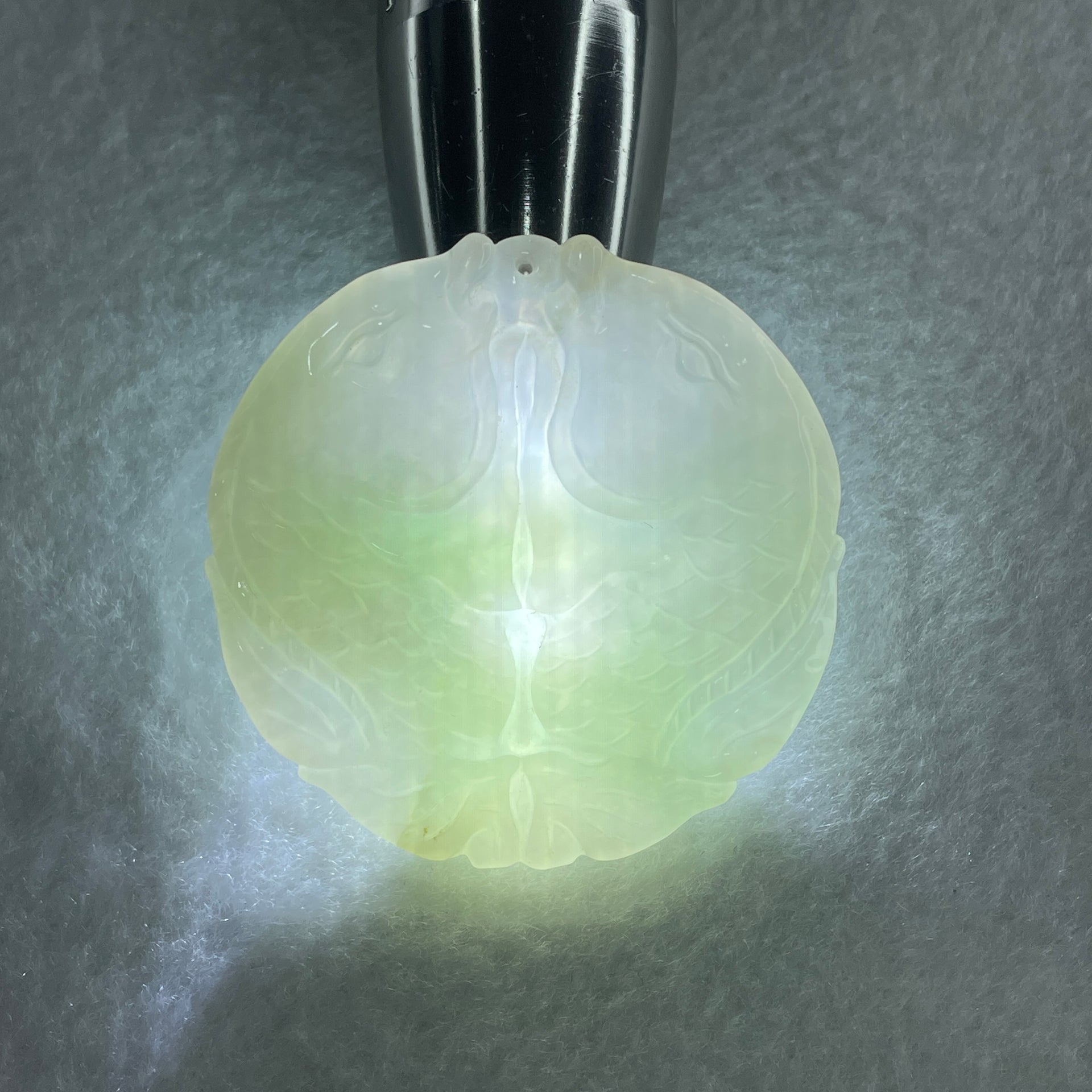 Natural Type A Light Lavender with Green Piao Hua Jadeite Double Fish Pendant 36.55g 52.1 by 6.3mm - Huangs Jadeite and Jewelry Pte Ltd