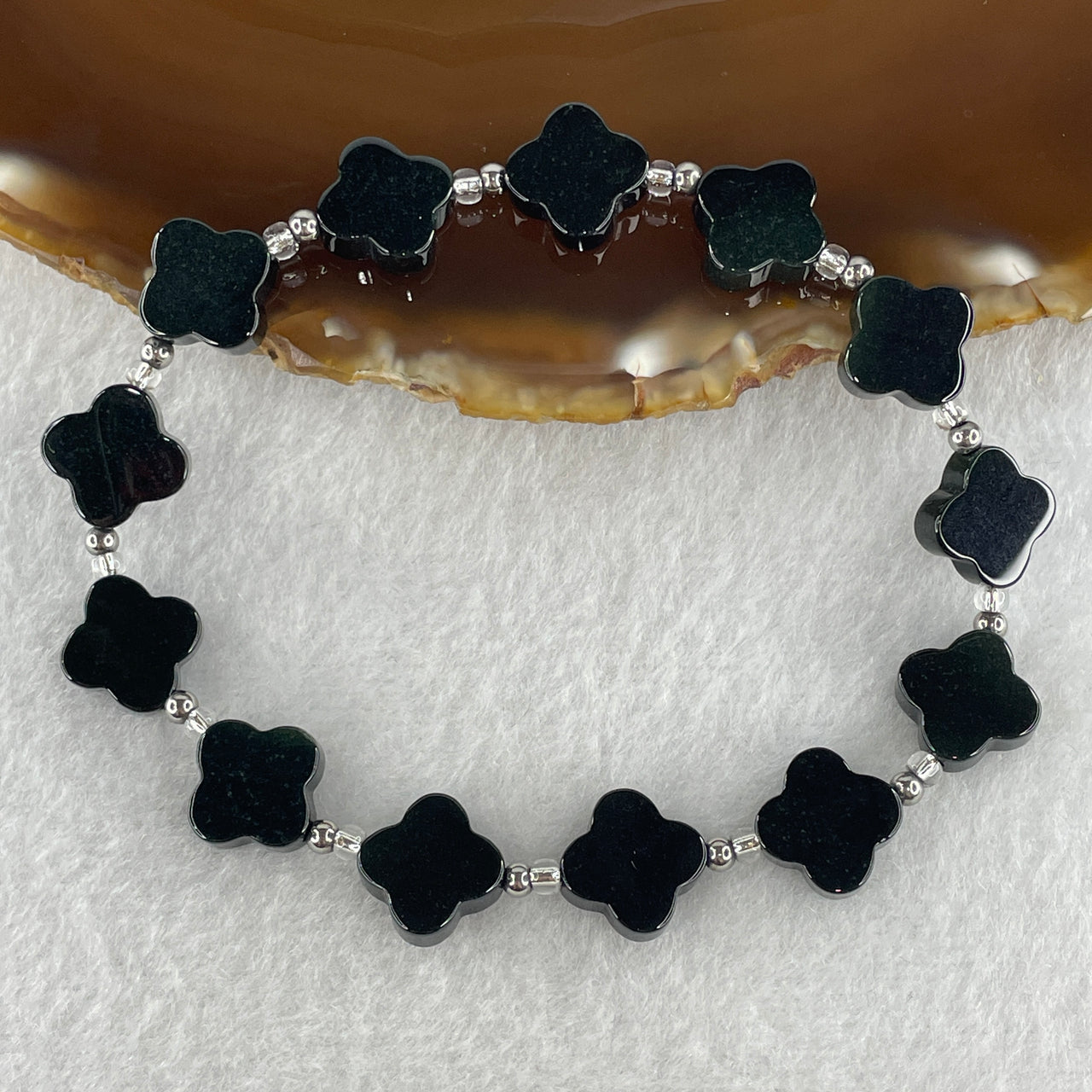 Certified Natural Type A Opaque Black Omphacite Jadeite Four Leaf Clover Bracelet 16.004g 18cm 12.3 by 3.6mm 13 Pieces