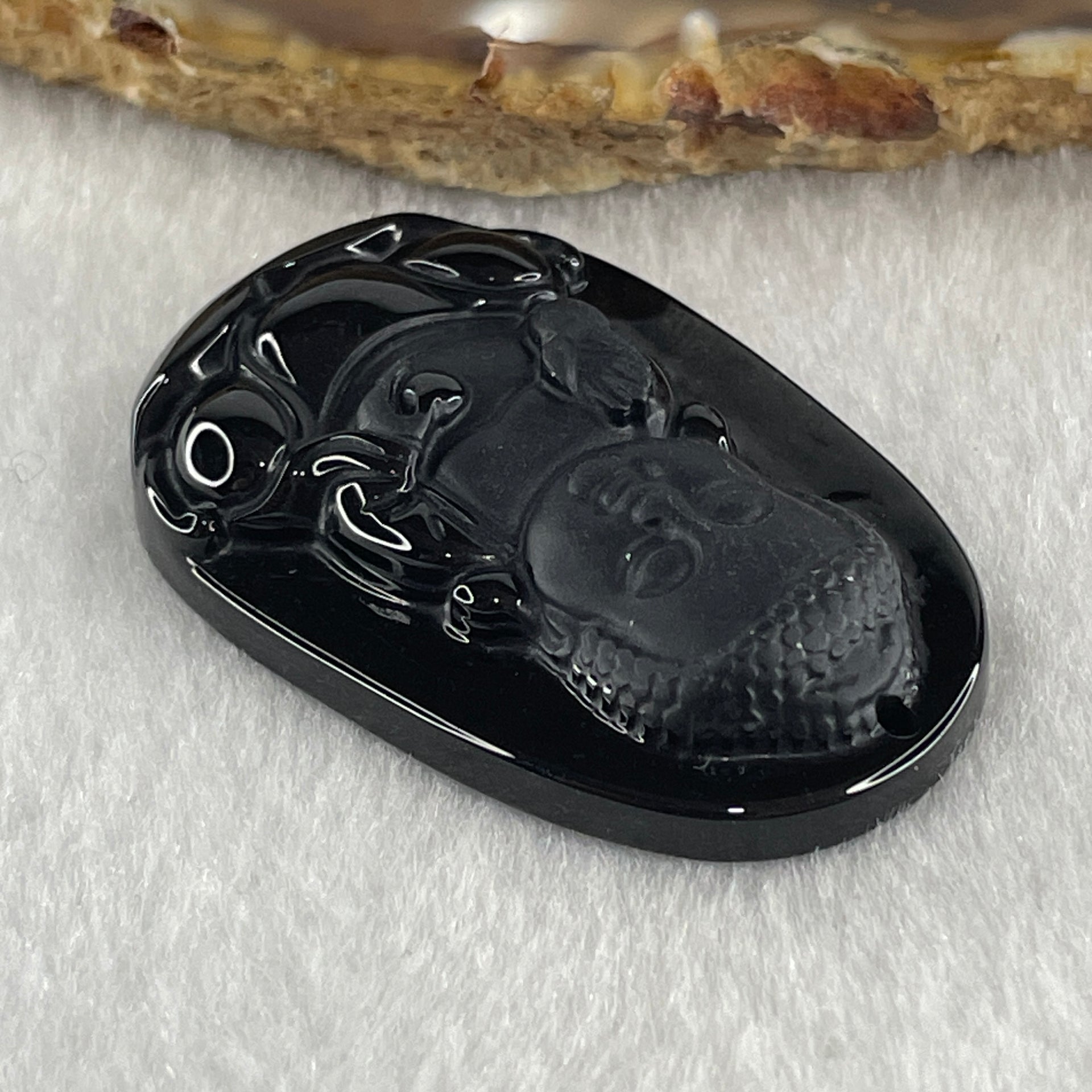 Type A Opaque to Partial Translucent Black Omphacite Jadeite Baby Buddha Pendant 13.75g 42.0 by 28.2 by 8.6mm - Huangs Jadeite and Jewelry Pte Ltd