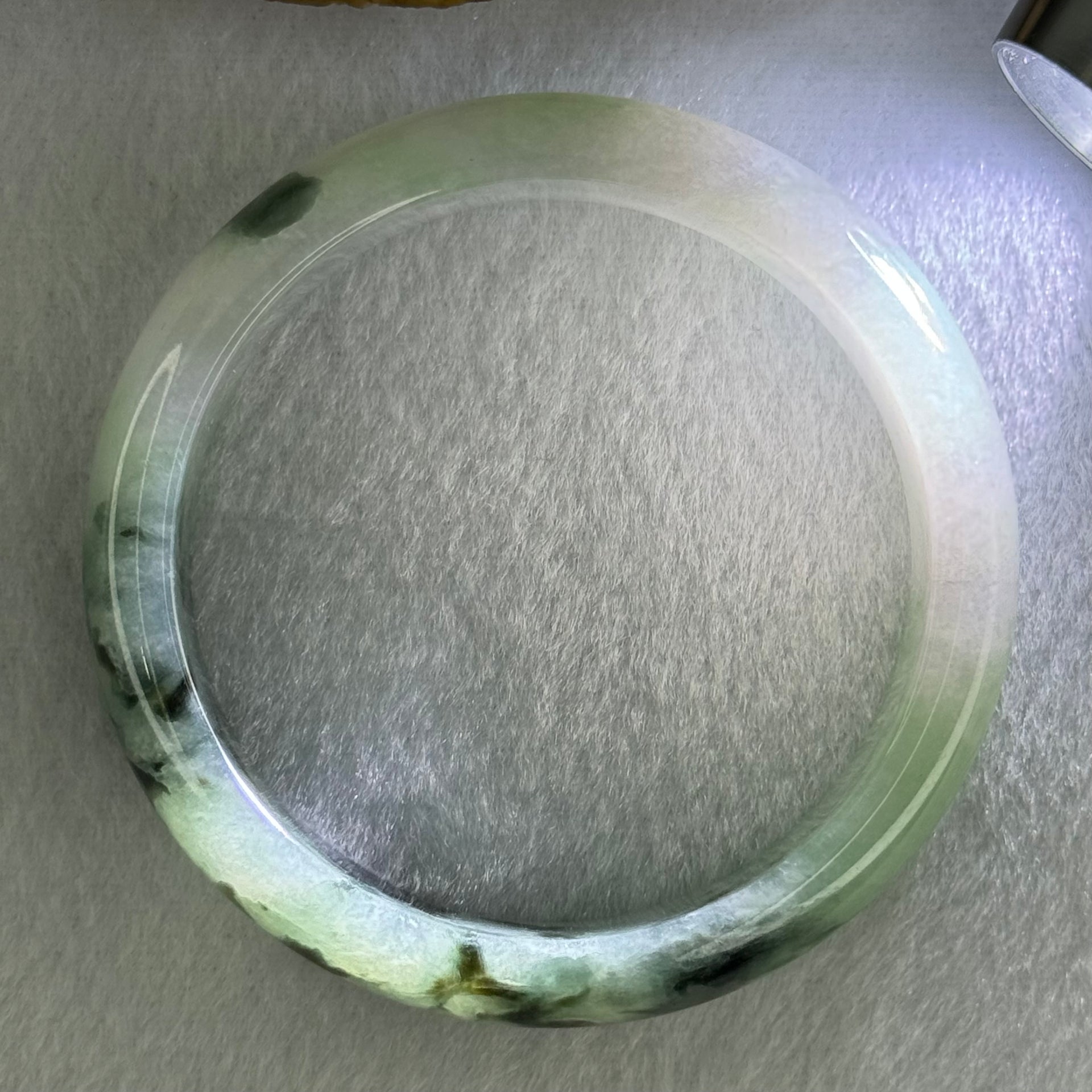 Type A Semi Icy Light Green Lavender with Moss Green Piao Hua Jadeite Bangle Internal Diameter 52.5mm 49.42g 14.0 by 7.2mm (Very Slight Internal Lines) - Huangs Jadeite and Jewelry Pte Ltd