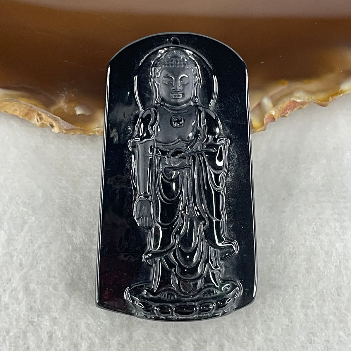 Certified Natural Type A Black Omphacite Jadeite Standing Amitabha Buddha Pendant | Buddha of Infinite Light & Welcoming Grace (18.86g | 51.6x29.3x9.8mm | Crown, Heart & Root Chakra Shield, Infinite Longevity, Divine Protection & Peace)