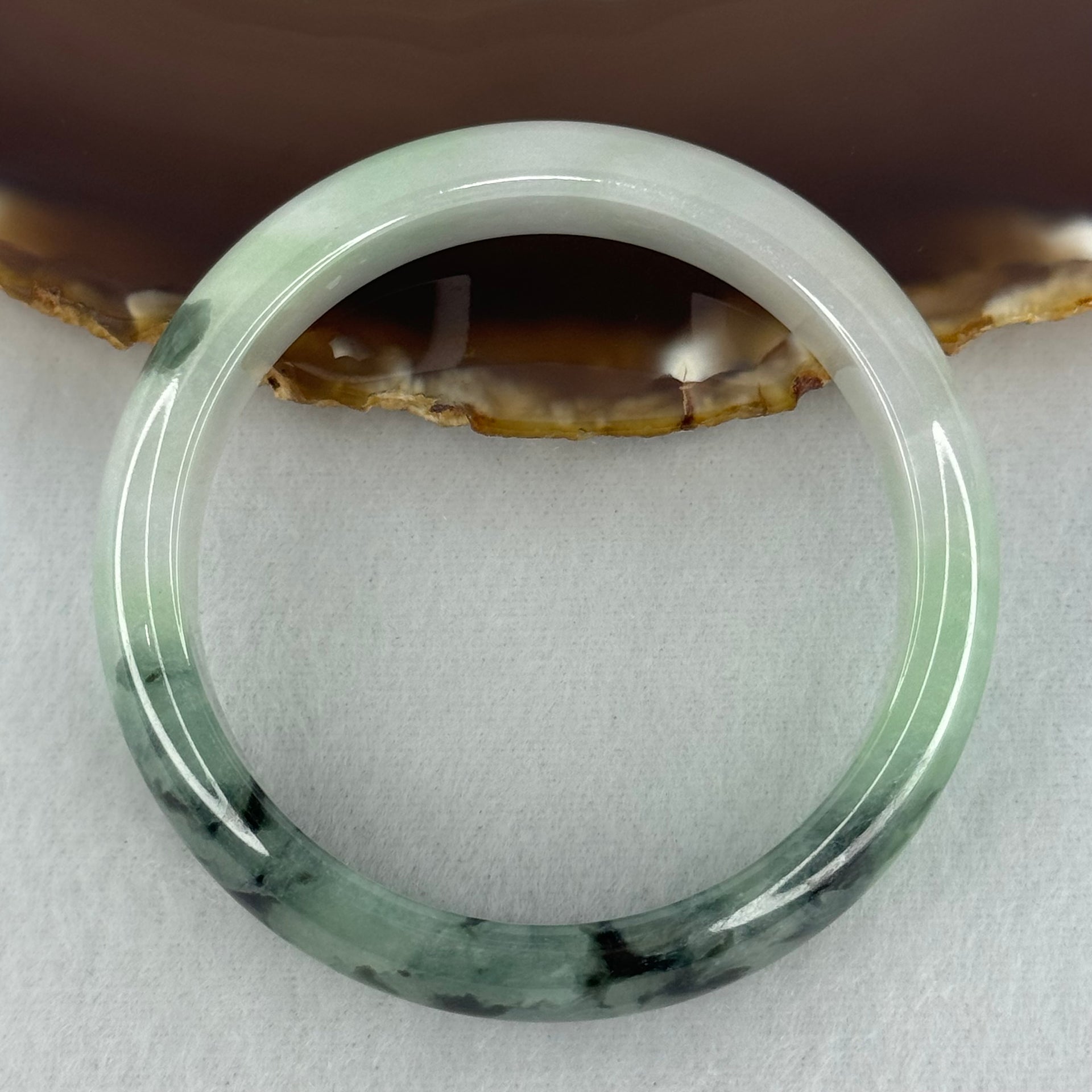 Type A Semi Icy Light Green Lavender with Moss Green Piao Hua Jadeite Bangle Internal Diameter 52.5mm 49.42g 14.0 by 7.2mm (Very Slight Internal Lines) - Huangs Jadeite and Jewelry Pte Ltd