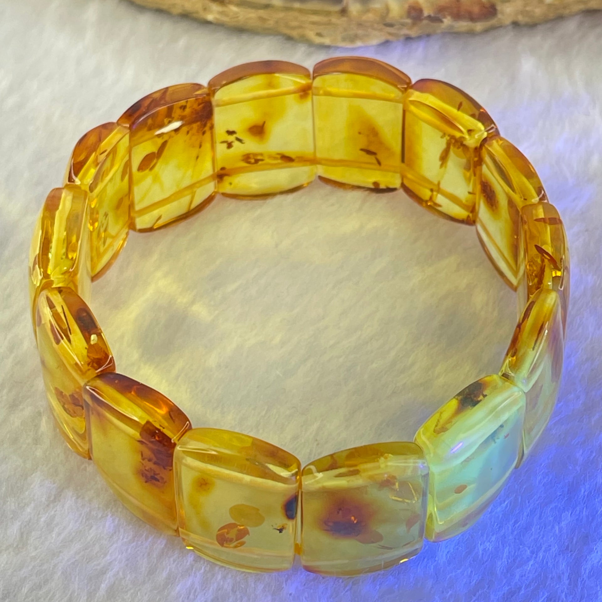Natural Yellow Flower Amber Shou Pai Bracelet 天然花珀手牌手链 15.96g 16cm 19.8 by 14.4 by 5.1mm 14pcs - Huangs Jadeite and Jewelry Pte Ltd