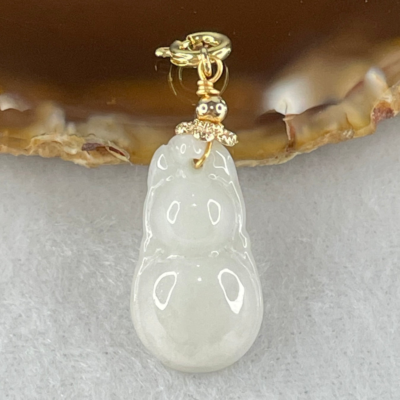 Type A Faint Green Lavender Hulu in Gold Color Charm for Necklace or Bracelet 2.79g 22.3 by 12.4 by 5.7mm - Huangs Jadeite and Jewelry Pte Ltd