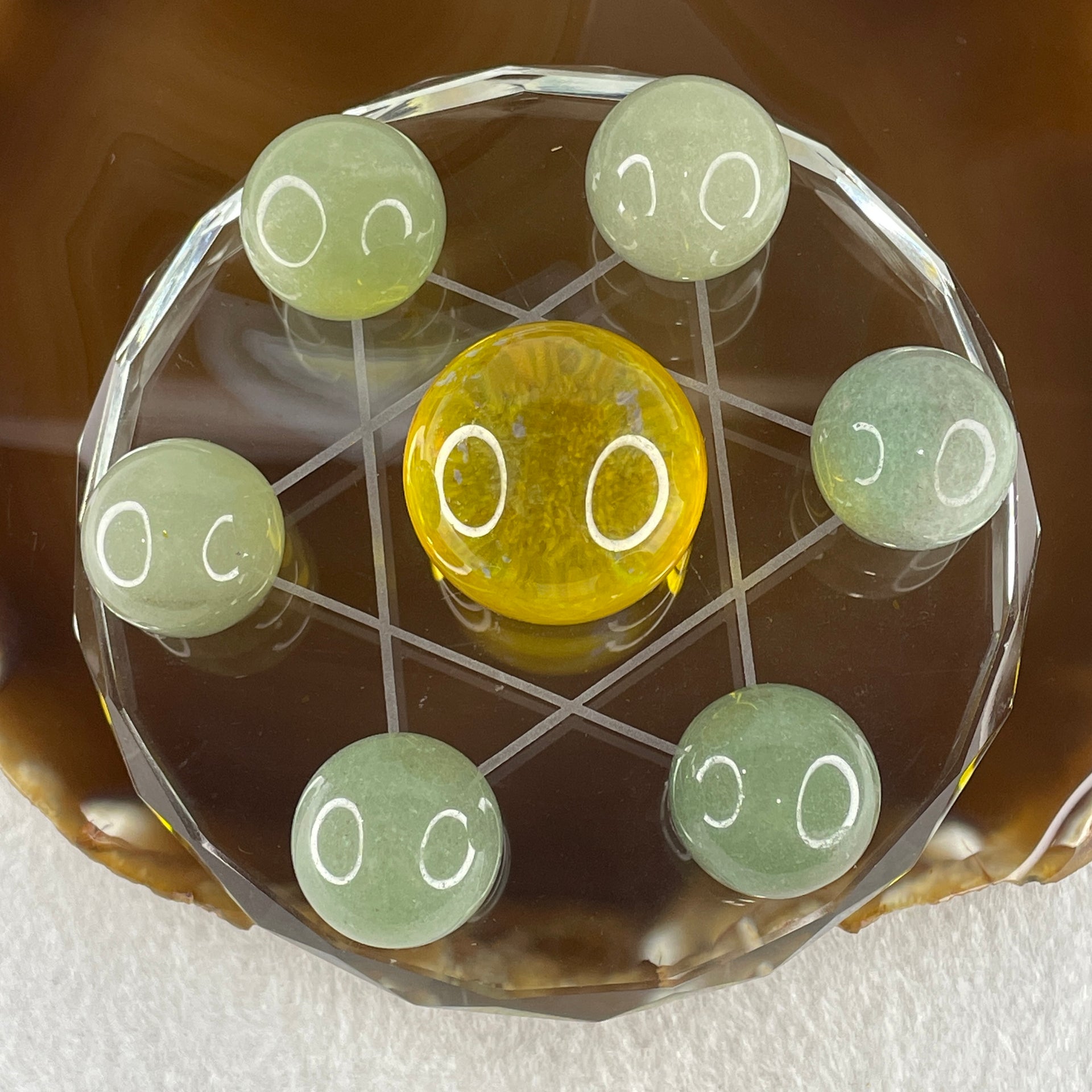 Natural Green Aventurine 20.8mm with Yellow Liuli 29.5mm 7 Sphere Balls Set with 7 Star Base Display 332.9g 100.8 by 40.5mm - Huangs Jadeite and Jewelry Pte Ltd