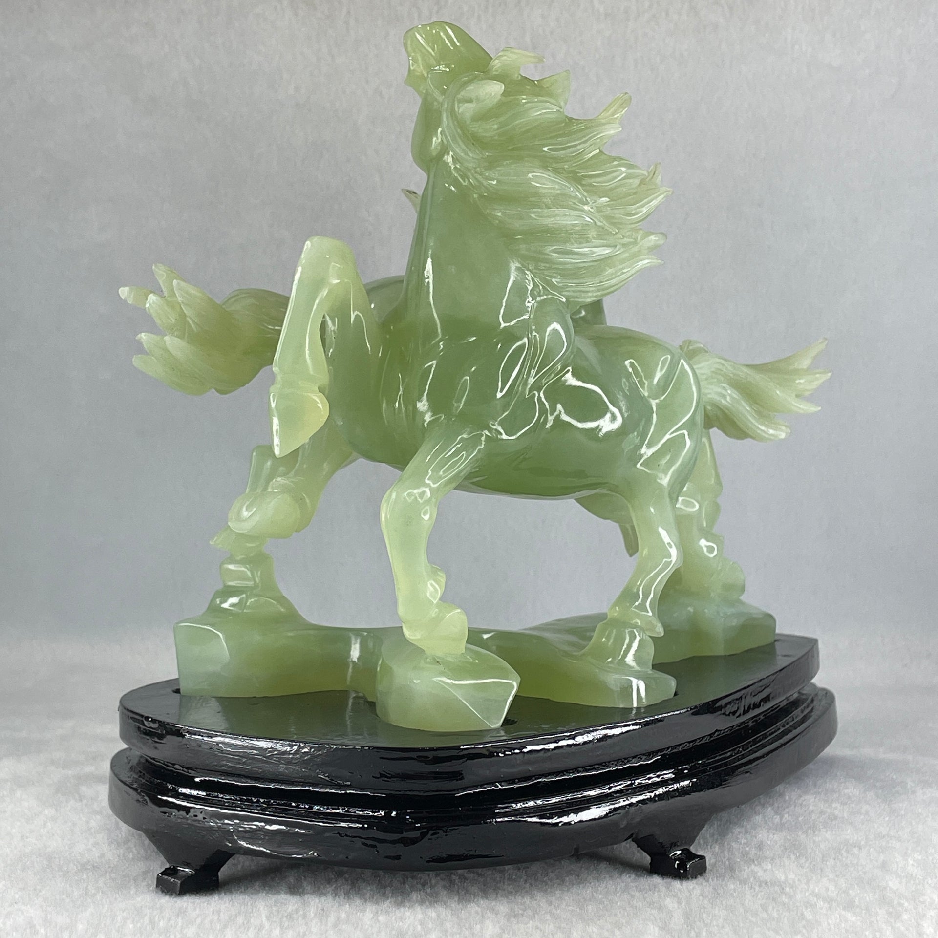 Natural Green Serpentine Double Victory Horses with Wooden Stand Display 1,339.7g 198.0 by 193.0 by 120.0mm - Huangs Jadeite and Jewelry Pte Ltd