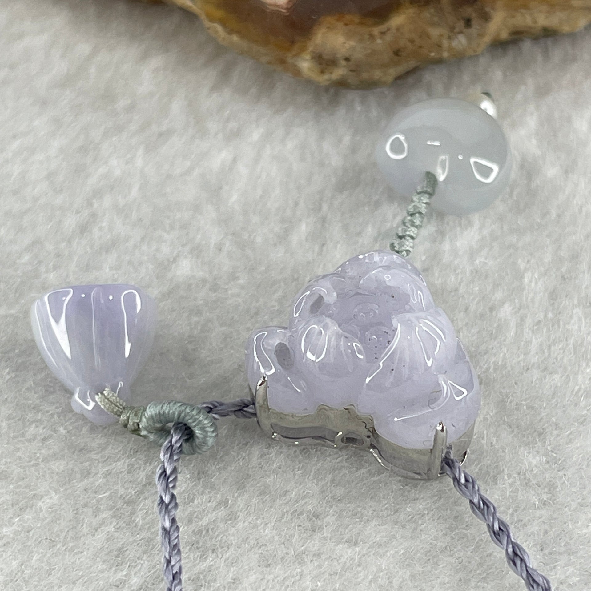 Natural Type A Light Lavender Jadeite Lotus Flower with Heart Shape on String Necklace 6.97g 14.5 by 16.8 by 8.8mm - Huangs Jadeite and Jewelry Pte Ltd