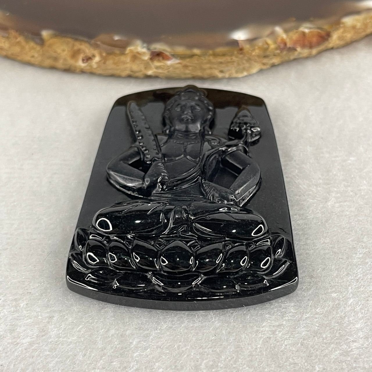 Intelligence, Memory, Wisdom and Learning - Certified Natural Type A Black Omphacite Jadeite Akasagarbha Bodhissattva Pendant 22.42g 58.5 by 39.2 by 8.9mm